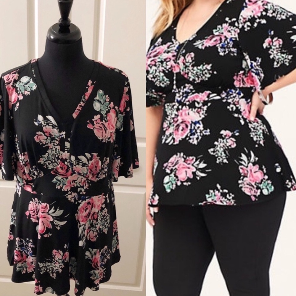 TORRID BLACK FLORAL JERSEY PEPLUM TOP 1X EUC